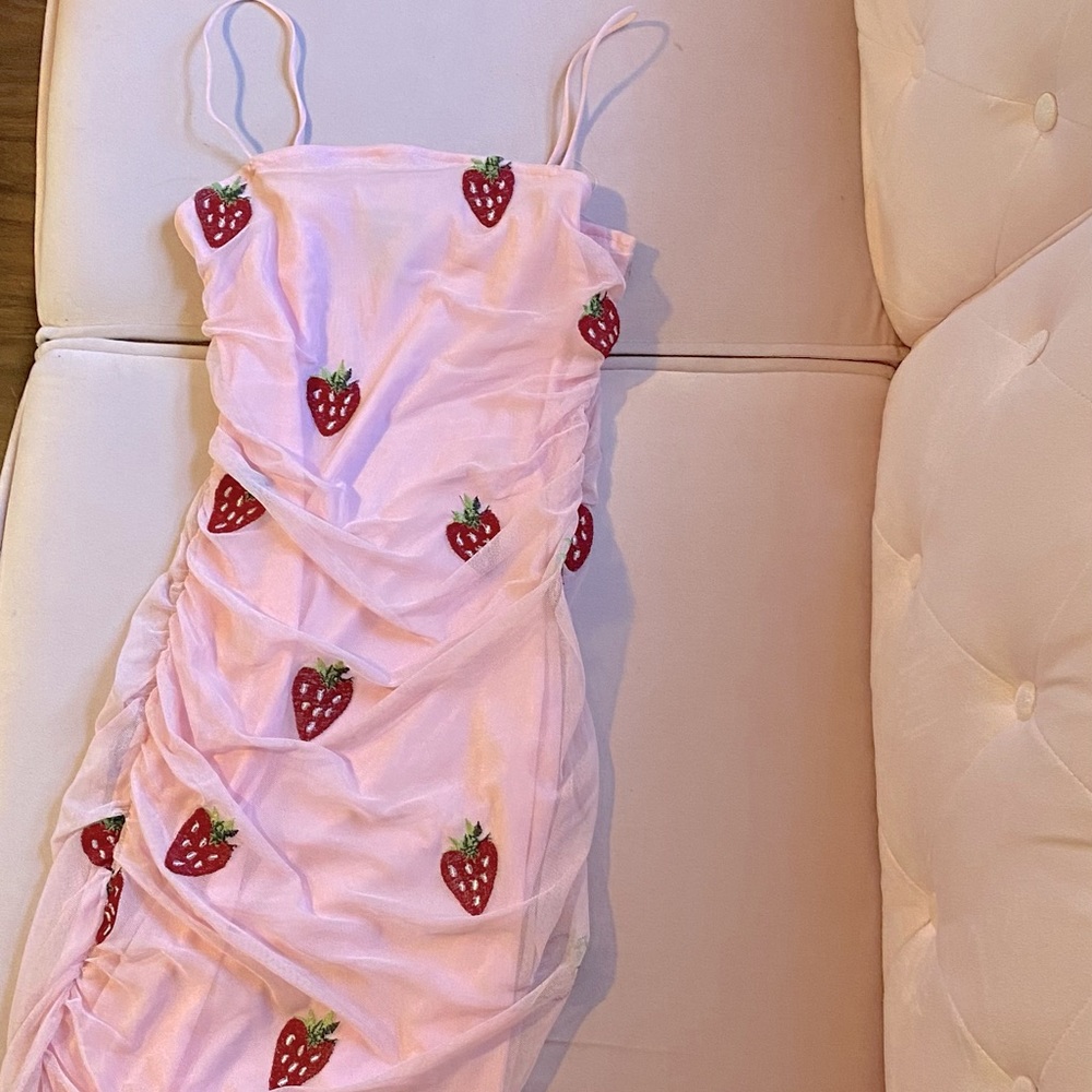 Ruched Pink Strawberry Mini Dress